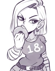 Rule 34 | 1girl, android 18, artist request, doughnut, dragon ball, dragonball z, eating, food, highres, monochrome, solo