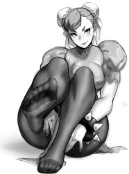 Rule 34 | 1girl, breasts, brown hair, capcom, chun-li, eymbee, feet, highres, large breasts, lips, monochrome, pantyhose, smile, solo, street fighter, tagme