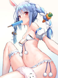 Rule 34 | 1girl, animal ears, bikini, blue hair, blush, braid, breasts, carrot hair ornament, commentary request, creature, detached sleeves, don-chan (usada pekora), food, food-themed hair ornament, food in mouth, hair ornament, highres, hololive, looking at viewer, mogmog, mouth hold, popsicle, rabbit ears, rabbit girl, red eyes, short eyebrows, sitting, small breasts, solo, stomach, sweat, swimsuit, thick eyebrows, twin braids, twintails, usada pekora, usada pekora (1st costume), virtual youtuber, white bikini, white hair