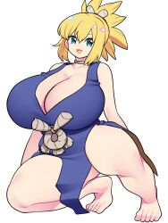 Rule 34 | 1girl, alternate breast size, bare shoulders, barefoot, bellupup, blonde hair, blue dress, blue eyes, breasts, cleavage, collarbone, dr. stone, dress, feet, highres, huge breasts, kneeling, kohaku (dr. stone), open mouth, ponytail, simple background, sleeveless, smile, solo, thick thighs, thighs, tiptoes, toes, white background
