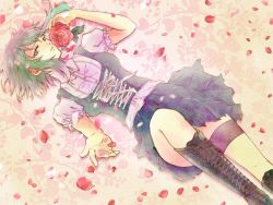 Rule 34 | 1girl, bad id, bad pixiv id, boots, breasts, dobu hinako, female focus, flower, foreshortening, from above, gradient background, green eyes, green hair, gumi, highres, legband, lying, matching hair/eyes, on back, petals, plant, rose, short hair, solo, thigh strap, vocaloid