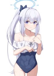 Rule 34 | 1girl, absurdres, bare shoulders, black ribbon, blue archive, blue one-piece swimsuit, closed mouth, collarbone, commentary request, covered navel, frilled one-piece swimsuit, frills, halo, highres, long hair, looking at viewer, miyako (blue archive), miyako (swimsuit) (blue archive), off-shoulder one-piece swimsuit, off shoulder, official alternate costume, one-piece swimsuit, ponytail, purple eyes, ribbon, sidelocks, simple background, solo, spaghetti strap, swimsuit, toki kimagure, very long hair, wet, white background