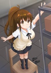 Rule 34 | 1girl, apron, black footwear, black skirt, black socks, blush, box, breasts, brown eyes, brown hair, cardboard box, chair, closed mouth, collared shirt, commentary, commission, fingernails, frilled apron, frills, hair between eyes, high ponytail, highres, indoors, kazenokaze, kneehighs, large breasts, loafers, long hair, menu, on chair, outstretched arm, ponytail, shirt, shoes, unworn shoes, skirt, socks, solo, standing, standing on chair, sweat, taneshima popura, tiptoes, trembling, uniform, very long hair, waitress, wavy mouth, white shirt, working!!