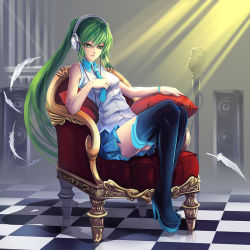 Rule 34 | 1girl, bad id, bad pixiv id, bare shoulders, black thighhighs, boots, chair, checkered floor, feathers, floor, full body, green eyes, green hair, hatsune miku, headphones, light, long hair, matching hair/eyes, microphone, rinbukyoku, shadow, sitting, sleeveless, solo, speaker, thigh boots, thighhighs, twintails, vocaloid, zettai ryouiki