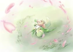 Rule 34 | commentary request, creatures (company), day, falling petals, flower, from above, full body, game freak, gen 5 pokemon, grass, highres, lilligant, looking up, nintendo, orange eyes, outdoors, petals, pokemon, yusuke oshida