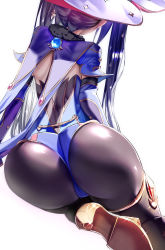 Rule 34 | 1girl, ass, black hair, black pantyhose, blue leotard, capelet, earrings, elbow gloves, from behind, fur trim, genshin impact, gloves, hat, high heels, highleg, highleg leotard, highres, huge ass, jewelry, leotard, long hair, mona (genshin impact), pantyhose, shiny clothes, simple background, sitting, solo, sparkle, thigh strap, thighlet, twintails, uenoryoma, white background, witch hat, yokozuwari