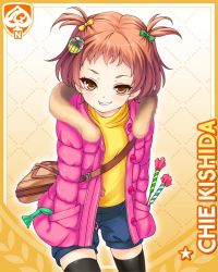 Rule 34 | 1girl, backpack, bag, blouse, brown hair, closed mouth, firecrackers, frog, fur collar, girlfriend (kari), hair ornament, hand in pocket, jacket, kishida chie, official art, orange background, pink jacket, qp:flapper, shirt, shorts, smile, solo, standing, strap, tagme, thighhighs, toy, twintails, yellow eyes, yellow shirt