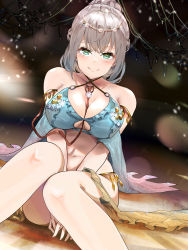 Rule 34 | 1girl, alternate costume, bare shoulders, bikini, blush, breasts squeezed together, breasts, cleavage, closed mouth, collarbone, criss-cross halter, forehead jewel, frilled bikini, frills, funi mu9, gem (symbol), green eyes, grey hair, halterneck, highres, hololive, large breasts, looking at viewer, navel, o-ring, ponytail, shirogane noel, sitting, smile, solo, swimsuit, tiara, v arms, virtual youtuber