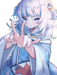Rule 34 | 1girl, absurdres, blue eyes, blue nails, blush, closed mouth, fingernails, full burrrrrrst, gawr gura, hair ornament, highres, hololive, hololive english, long sleeves, looking at viewer, nail polish, simple background, solo, v, virtual youtuber