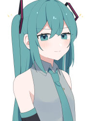 Rule 34 | 1girl, bentou (bentou 1), blue eyes, blue hair, blush, collared shirt, commentary, detached sleeves, hatsune miku, highres, long hair, looking at viewer, necktie, shirt, sleeveless, sleeveless shirt, smile, solo, two side up, upper body, v-shaped eyebrows, vocaloid