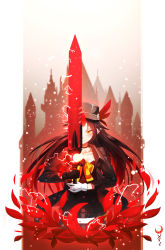 Rule 34 | 1girl, an yue (qys3), belt, black gloves, black hair, black hat, black jacket, black shirt, brown eyes, closed mouth, collarbone, crescent, gloves, glowing, glowing sword, glowing weapon, hat, highres, holding, holding sword, holding weapon, horns, jacket, long hair, long sleeves, open clothes, open jacket, peaked cap, pixiv fantasia, pixiv fantasia last saga, pointy ears, qys3, shirt, single horn, smile, solo, sword, very long hair, weapon, white belt, white gloves, yellow neckwear