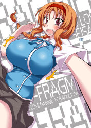 Rule 34 | 1girl, ^^^, aoi manabu, blush, bow, braid, breast expansion, breasts, d-frag!, embarrassed, hair bow, huge breasts, long hair, open mouth, orange hair, pleated skirt, purple eyes, school uniform, single braid, skirt, solo, surprised, takao (d-frag!)