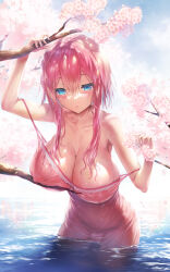Rule 34 | 1girl, bare shoulders, blue eyes, blue sky, blush, branch, breasts, cherry blossoms, cleavage, collarbone, commentary request, day, dress, falling petals, flower, hair between eyes, highres, hisasi, huge breasts, long hair, looking at viewer, nipples, original, outdoors, parted lips, partially submerged, petals, petals on liquid, pink flower, pink hair, ripples, see-through, sky, solo, strap slip, tree, wading, water, wet, wet clothes