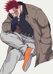 Rule 34 | 1boy, absurdres, bad id, bad twitter id, beard, boku no hero academia, boots, burn scar, casual, collared jacket, covering own mouth, crossed legs, elbow on knee, endeavor (boku no hero academia), facial hair, facial scar, fingerless gloves, furrowed brow, giant, gloves, hand in pocket, hand over own mouth, highres, jacket, kei (ahan uhun 345), leaning forward, male focus, mature male, muscular, muscular male, mustache, pants, red hair, scar, scar across eye, scar on cheek, scar on face, scar on mouth, short hair, sideburns, sitting, slouching, solo, spiked hair, thinking, turtleneck, very short hair, white background