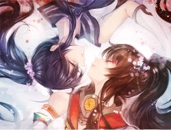 Rule 34 | 10s, 2girls, bad id, bad pixiv id, black hair, brown hair, cis (carcharias), flower, gloves, hair flower, hair ornament, kantai collection, long hair, multiple girls, personification, ponytail, rotational symmetry, very long hair, yahagi (kancolle), yamato (kancolle), yellow eyes