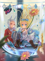 Rule 34 | 1boy, 1girl, :o, alice (alice in wonderland), alice in wonderland, animal ears, bad id, bad pixiv id, blonde hair, blue eyes, bow, cup, dress, floating hair, flower, hair bow, hat, in container, in cup, mia0309, pantyhose, personification, pocket watch, rabbit ears, red eyes, striped clothes, striped pantyhose, striped thighhighs, submerged, thighhighs, unworn hat, unworn headwear, watch, water