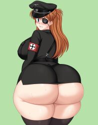 Rule 34 | 1girl, 2023, abridged-satoko, alternate breast size, ass, blue eyes, blush, breasts, brown hair, clenched teeth, cosplay, dated, embarrassed, eyepatch, feet out of frame, green background, hat, highres, huge ass, impossible clothes, large breasts, legs together, long hair, looking at viewer, looking back, microskirt, military hat, military uniform, miniskirt, neon genesis evangelion, plump, shiny skin, skindentation, skirt, solo, souryuu asuka langley, sweat, sweatdrop, teeth, thick thighs, thighs, two side up, uniform, wide hips