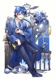 Rule 34 | arm rest, aryuma772, ascot, banknote, black pants, blue ascot, blue eyes, blue fire, blue hair, branch, broken hourglass, coat of arms, coin, dollar bill, evillious nendaiki, fire, gallerian marlon, gavel, gears, hammer, highres, holding, holding hammer, hourglass, judge, kaito (vocaloid), leaning on object, looking at viewer, marlon spoon, microsoft windows, moccasins, money, money gesture, pants, ribs, robe, shirt, skeleton, skull, smile, solo, vessel of sin, vocaloid