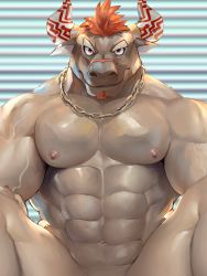 Rule 34 | 1boy, abs, animal ears, bara, brown fur, chain, chain necklace, completely nude, cow ears, cow horns, facial hair, fuga9, furry, furry male, goatee, gyumao (housamo), horns, jewelry, large pectorals, looking at viewer, male focus, mature male, minotaur, mohawk, muscular, muscular male, navel, necklace, nipples, nude, pectorals, red hair, scar, scar on face, scar on nose, short hair, smile, solo, spread legs, stomach, thighs, tokyo houkago summoners, veins