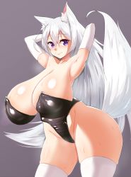 Rule 34 | animal ear fluff, animal ears, armpits, arms up, breasts, elbow gloves, fox ears, fox tail, gloves, grey background, haruka (haruka channel), highres, huge breasts, leotard, long hair, original, purple eyes, simple background, skindentation, smile, solo, sweat, tail, thighhighs, very long hair, white gloves, white hair, white thighhighs