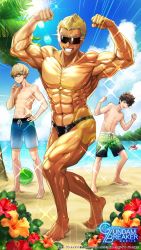 Rule 34 | 3boys, abs, absurdres, aizen touma, artist request, beach, biceps, black one-piece swimsuit, blonde hair, blue swim trunks, brown hair, bulge, copyright name, copyright notice, emphasis lines, feet, flexing, flower, fudou ryuusei, glasses, green male swimwear, green swim trunks, grin, gundam, gundam breaker mobile, haro, hibiscus, highres, hip bones, lens flare, male focus, male swimwear, multiple boys, muscular, muscular male, navel, ocean, official art, one-piece swimsuit, ono masayoshi, palm tree, pectorals, purple eyes, sanakapool, shiny skin, shiny swimsuit, smile, sparkle, star (symbol), summer, sun, sunglasses, sweat, swim briefs, swim trunks, swimsuit, tan, toes, tree