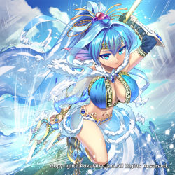 Rule 34 | 1girl, blue eyes, blue hair, breasts, cleavage, closed mouth, female focus, hair ornament, hakkaku shikimi, holding, holding weapon, large breasts, matching hair/eyes, midriff, navel, ocean, original, polearm, ponytail, sitting, solo, spear, trident, water, weapon