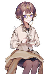 Rule 34 | 1girl, absurdres, anya melfissa, anya melfissa (casual), beige shirt, black pantyhose, black skirt, blonde hair, braid, brown hair, coat, unworn coat, collarbone, collared shirt, commentary, cup, english commentary, glasses, highres, holding, holding cup, holding tray, hololive, hololive indonesia, invisible chair, joey ruvoa, long sleeves, multicolored hair, necktie, official alternate costume, pantyhose, purple eyes, shirt, side braid, simple background, single braid, sitting, skirt, smile, solo, streaked hair, tray, two-tone hair, virtual youtuber, white background