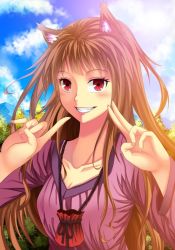Rule 34 | 1girl, animal ears, breasts, brown hair, gradient background, holo, long hair, looking at viewer, mountain, pouch, red eyes, sky, smile, solo, spice and wolf, tree, wolf ears