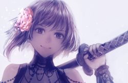 Rule 34 | 1girl, blue background, brown eyes, brown hair, close-up, closed mouth, commentary request, flower, hair flower, hair ornament, holding, holding sword, holding weapon, katana, looking at viewer, original, over shoulder, sakimori (hououbds), short hair, smile, solo, sword, sword over shoulder, vambraces, weapon, weapon over shoulder