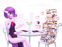 Rule 34 | alternate hair color, chair, creature, creatures (company), cup, dress, drinking, drinking straw, flower, game freak, gardevoir, gen 3 pokemon, holding, holding cup, looking at another, marik bentusi, missingno., napkin, nintendo, plate, pokemon, pokemon (creature), purple dress, purple eyes, purple hair, sitting, table