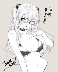 Rule 34 | 1girl, 2016, bikini, blush, breasts, cleavage, dated, glasses, grey background, greyscale, highres, large breasts, long hair, looking at viewer, monochrome, navel, neon genesis evangelion, open mouth, orange theme, simple background, solo, souryuu asuka langley, striped bikini, striped clothes, sweatdrop, swimsuit, translated, twintails, two side up, warabino matsuri