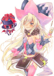 Rule 34 | 1girl, asymmetrical legwear, asymmetrical sleeves, bienfu (tales), blonde hair, book, closed mouth, cowboy shot, creature, detached sleeves, green eyes, hat, highres, jester cap, kashitani futaba, long hair, looking at viewer, magilou (tales), mismatched legwear, mismatched sleeves, one eye closed, pink shorts, pointy ears, red ribbon, ribbon, short shorts, shorts, simple background, smile, tales of (series), tales of berseria, thigh strap, thighhighs, top hat, traditional media, white background
