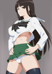 Rule 34 | 1girl, adapted costume, alternate costume, black eyes, black hair, black neckerchief, black thighhighs, blouse, blunt bangs, bow, bow panties, breasts, cameltoe, clothes lift, commentary, cowboy shot, cropped shirt, girls und panzer, grey background, half-closed eyes, hands on own hips, large breasts, long hair, long sleeves, looking at viewer, mature female, microskirt, navel, neckerchief, nishizumi shiho, no bra, ooarai school uniform, panties, pleated skirt, sailor collar, school uniform, serafuku, shichimenchou, shirt, shirt lift, simple background, skirt, solo, standing, straight hair, sweat, sweatdrop, thighhighs, underwear, white panties, white sailor collar, white shirt, wind, wind lift