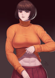 Rule 34 | 1girl, abs, absurdres, bob cut, breasts, brown eyes, brown hair, clothes lift, highres, impossible clothes, impossible sweater, large breasts, lifting own clothes, lips, looking at viewer, midriff, multiple views, muscular, muscular female, navel, no eyewear, orange sweater, pleated skirt, red eyes, red skirt, scooby-doo, shirt lift, short hair, skirt, smirk, speedl00ver, sweater, sweater lift, taut sweater, turtleneck, turtleneck sweater, velma dace dinkley