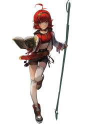 Rule 34 | 1girl, absurdres, ahoge, black shorts, blush, book, boots, choker, clothing cutout, dokshuri, dungeon and fighter, female mage (dungeon and fighter), hairband, highres, holding, holding book, holding staff, jacket, jewelry, leg up, mage (dungeon and fighter), navel cutout, necklace, pointy ears, red eyes, red hair, shorts, smile, solo, staff, summoner (dungeon and fighter), thighhighs, track jacket, white background