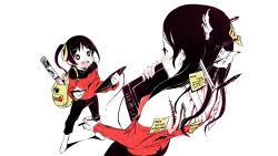 Rule 34 | 2girls, backpack, bag, bare shoulders, black eyes, black hair, blush, buck teeth, drawing tablet, highres, long hair, mike inel, multiple girls, object on head, off-shoulder, off-shoulder sweater, off shoulder, one side up, open mouth, original, scar, smile, sticky note, stitches, stylus, surreal, sweater, teeth, wallpaper