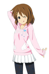 Rule 34 | 1girl, :q, ;q, arm behind head, arm up, black pantyhose, brown eyes, brown hair, clothes writing, fukuoka katsumi, hair between eyes, hirasawa yui, hood, hoodie, k-on!, looking at viewer, one eye closed, pantyhose, short hair, simple background, sleeves past wrists, smile, solo, split mouth, tongue, tongue out, white background, wink