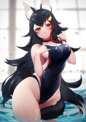 Rule 34 | 1girl, :o, absurdres, animal ear fluff, animal ears, bare legs, black choker, black hair, black one-piece swimsuit, blurry, blurry background, blush, breasts, brown eyes, choker, commentary request, commission, competition swimsuit, cowboy shot, hair ornament, hand on own chest, hands up, higashigure, highres, hololive, large breasts, long hair, looking at viewer, multicolored hair, one-piece swimsuit, ookami mio, red hair, sideboob, skeb commission, solo, standing, strap pull, streaked hair, swimsuit, tail, tail around own leg, very long hair, virtual youtuber, wading, water, wolf ears, wolf girl, wolf tail
