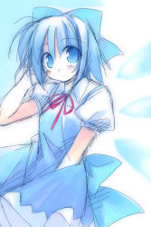 Rule 34 | 1girl, blue dress, blue eyes, blue hair, blue ribbon, bow, cirno, dress, female focus, hair bow, hair ribbon, ice, ice wings, looking at viewer, matching hair/eyes, mizuki toko, puffy short sleeves, puffy sleeves, red bow, ribbon, short hair, short sleeves, sketch, solo, embodiment of scarlet devil, touhou, wings