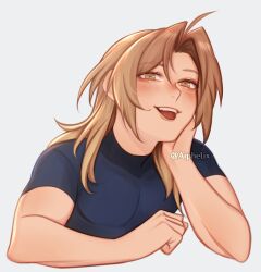 Rule 34 | 1boy, :p, aiphelix, androgynous, black shirt, blonde hair, blush, edward elric, fullmetal alchemist, highres, long hair, looking at viewer, male focus, pectorals, shirt, short sleeves, simple background, smile, t-shirt, tongue, tongue out, upper body, yellow eyes