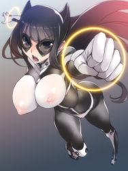 Rule 34 | 1girl, bad id, bad pixiv id, ban! (bansankan), black eyes, black hair, bodysuit, breasts, circle, clenched hand, covered erect nipples, foreshortening, framed breasts, gamma (ogino jun), gradient background, large breasts, lightbrite, long hair, mask, nipples, open mouth, outstretched arms, see-through, see-through bodysuit, shimooka hikari, simple background, solo, superhero costume