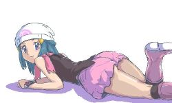 Rule 34 | 1girl, ass, bare shoulders, blue hair, boots, creatures (company), dawn (pokemon), game freak, hat, jpeg artifacts, long hair, lowres, lying, nintendo, pink footwear, pokemon, simple background, skirt, smile, solo, white background