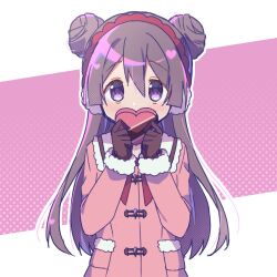 Rule 34 | 1girl, blush, box, brown gloves, collared jacket, covered mouth, dot nose, double bun, earmuffs, fur-trimmed sleeves, fur trim, gloves, hair between eyes, hair bun, hair color request, hairband, hands up, heart-shaped box, highres, holding, holding box, jacket, long hair, looking at viewer, magia record: mahou shoujo madoka magica gaiden, mahou shoujo madoka magica, outline, pink background, pink jacket, purple eyes, red hairband, ruru (rurumagi), sidelocks, simple background, solo, straight-on, toggles, tokime shizuka, upper body, very long hair, white background, white outline