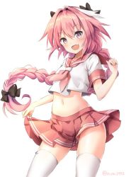 Rule 34 | 1boy, astolfo (fate), astolfo (sailor paladin) (fate), black bow, blush, bow, braid, fate/apocrypha, fate/grand order, fate (series), hair ribbon, long hair, male focus, midriff, non (nobu), official alternate costume, open mouth, pink hair, purple eyes, ribbon, school uniform, serafuku, simple background, single braid, smile, solo, standing, thighhighs, trap, very long hair, white background, white thighhighs