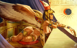 Rule 34 | 1girl, armlet, artist name, breasts, brown wings, cleavage, cushion, dated, egyptian clothes, egyptian mythology, feathered wings, highres, horus (mythology), jewelry, large breasts, navel, red nails, ring, signature, solo, themaestronoob, two-tone wings, white wings, wings