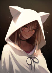 Rule 34 | 1girl, absurdres, animal hood, berry, black choker, brown eyes, brown hair, choker, crossed bangs, earrings, ears through headwear, food-themed earrings, gewwyart, glasses, highres, hololive, hololive english, hood, hood up, hoodie, jewelry, light particles, lips, long hair, looking at viewer, multicolored hair, nanashi mumei, nanashi mumei (casual), necklace, official alternate costume, oversized clothes, red shirt, round eyewear, shirt, smile, streaked hair, sweater, virtual youtuber, white hoodie, white sweater