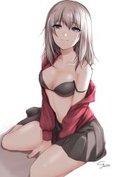 Rule 34 | 1girl, bad id, bad twitter id, black bra, black skirt, blue eyes, blush, bra, breasts, cleavage, closed mouth, collarbone, girls und panzer, highres, itsumi erika, looking at viewer, medium breasts, navel, open clothes, pleated skirt, red shirt, shadow, shirt, silver hair, simple background, sitting, skirt, smile, solo, tarou (komekueyo), underwear, white background