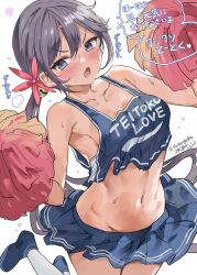 Rule 34 | 1girl, akebono (kancolle), bell, blush, breasts, cheerleader, cowboy shot, crop top, flower, hair bell, hair flower, hair ornament, highres, holding, holding pom poms, jingle bell, kantai collection, long hair, looking at viewer, medium breasts, midriff, miniskirt, mizuta kenji, navel, open mouth, pleated skirt, pom pom (cheerleading), pom poms, purple hair, side ponytail, skirt, sleeveless, solo, twitter username, very long hair, white background