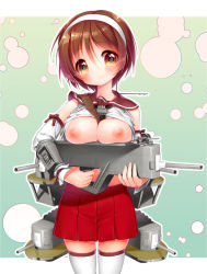 Rule 34 | 10s, 1girl, blush, breast rest, breasts, breasts out, brown eyes, brown hair, clothes lift, cowboy shot, detached sleeves, gradient background, green background, hairband, japanese clothes, kantai collection, letterboxed, looking at viewer, mecha musume, miko, minami (apricot tea), natori (kancolle), nipples, pleated skirt, school uniform, serafuku, shirt lift, short hair, skirt, solo, thighhighs, weapon, white thighhighs, zettai ryouiki