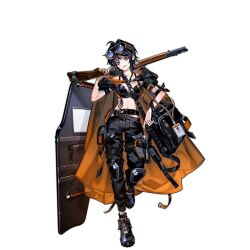 Rule 34 | 1girl, ahoge, ankle boots, arm pouch, armband, bag, black armband, black bra, black hair, black pants, blue-tinted eyewear, boots, bra, breasts, buckle, cape, eyewear on head, full body, girls&#039; frontline, goggles, goggles on head, grey eyes, griffin &amp; kryuger, gun, h&amp;k hk512, head tilt, hk512 (girls&#039; frontline), holding, holding gun, holding weapon, id card, knee pads, lanyard, large breasts, looking at viewer, messenger bag, multicolored hair, no shirt, no socks, official art, orange cape, pants, red hair, riot shield, shield, shiny clothes, short hair, shotgun, shoulder bag, shoulder pads, simple background, smile, snap-fit buckle, solo, standing, standing on one leg, streaked hair, tinted eyewear, transparent background, tuotuo, underwear, weapon, zipper